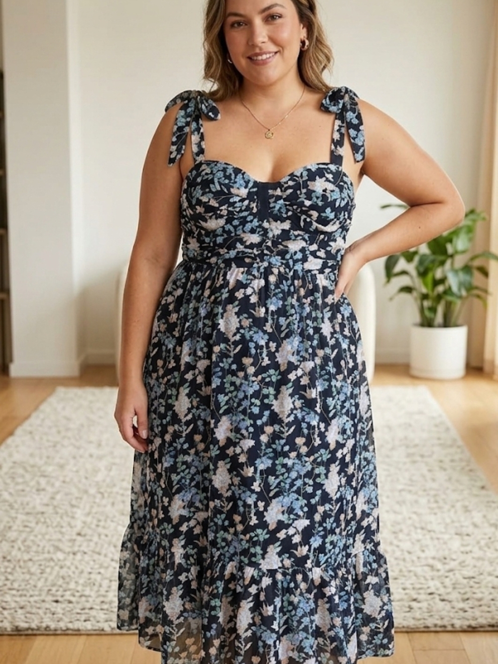 Lulu's Navy Floral Midi Dress with Light Blue and Cream Blooms
